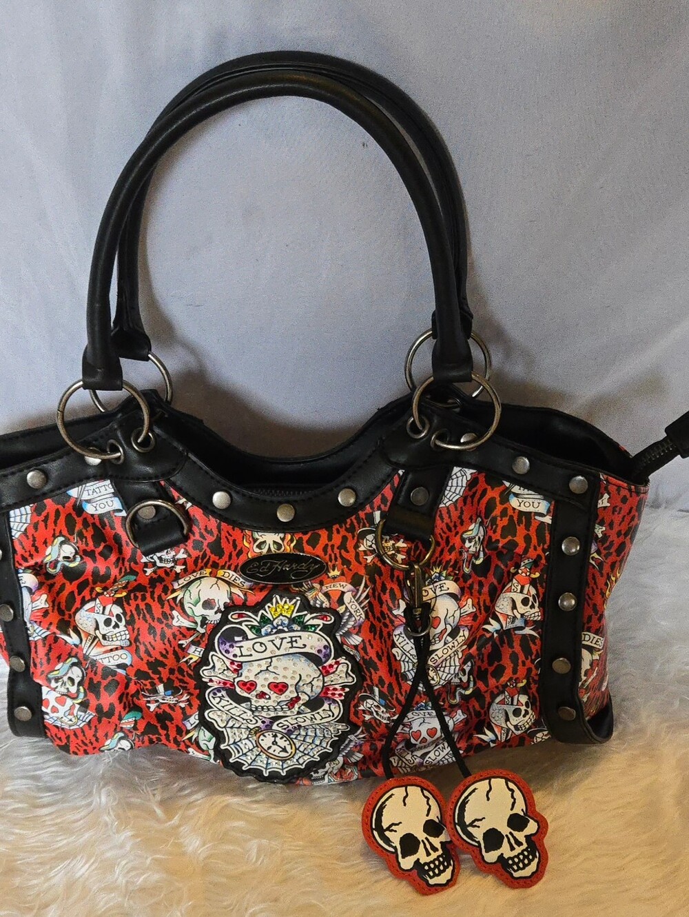 Ed Hardy Red Leopard Skull-Print Shoulder Bag with Black Trim Rhinestones Studds